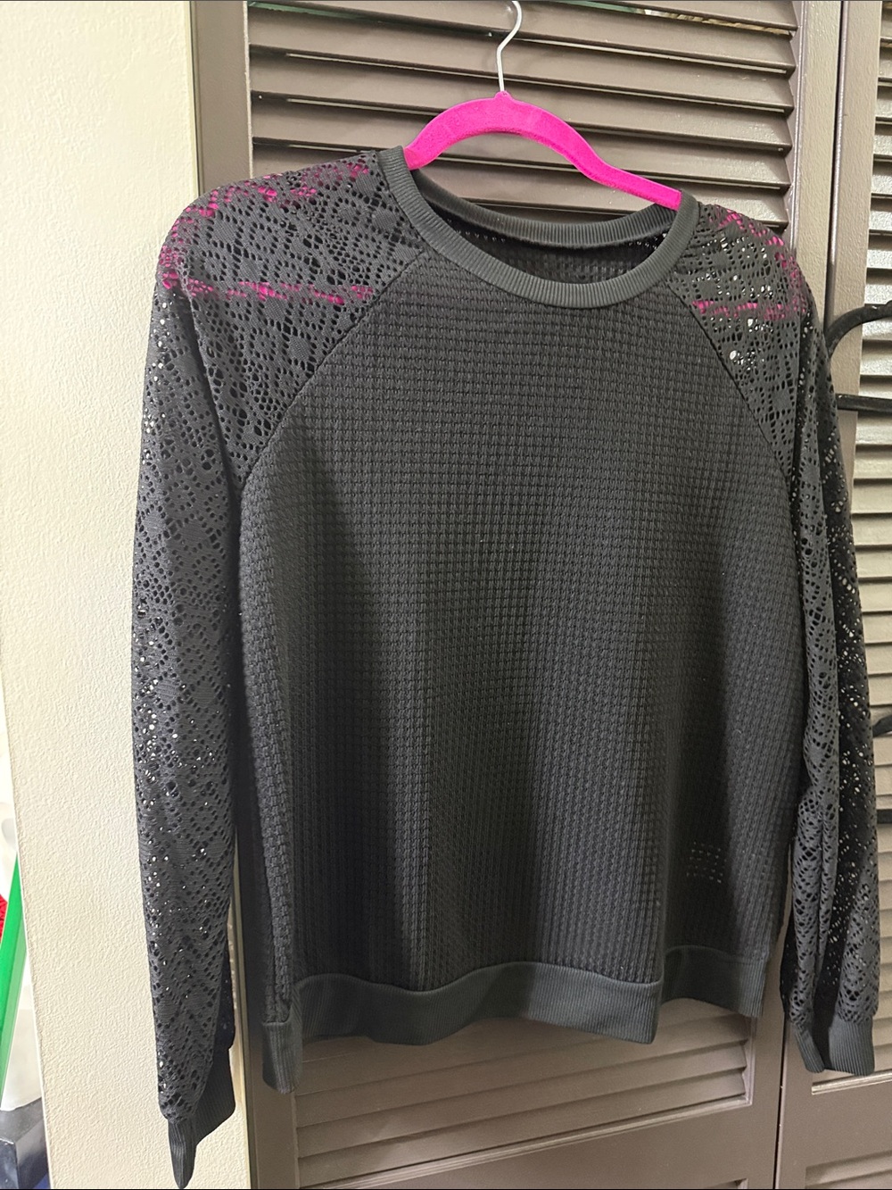 SHEIN Black Long Sleeve Lace Inset Waffle Knit Top